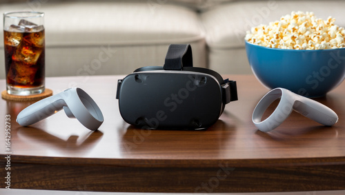 VR Headset with Popcorn and Drink Immersive Home Entertainment and Movie Night Setup