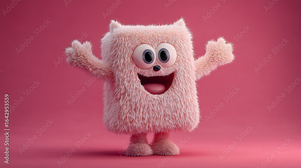 Fototapeta premium A friendly pink fluffy monster character with a cheerful and welcoming smile.