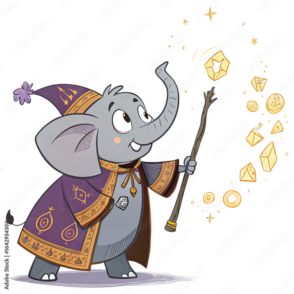 Obraz premium Magical Elephant Sorcerer: An enchanting cartoon depiction of an elephant, dressed as a sorcerer, conjuring whimsical spells with a magical wand amidst a display of sparkling gemstones.