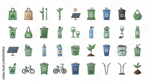 A collection of flat vector illustrations depicting eco-friendly and sustainable lifestyle elements, including recycling bins, solar panels, reusable bags and bottles.