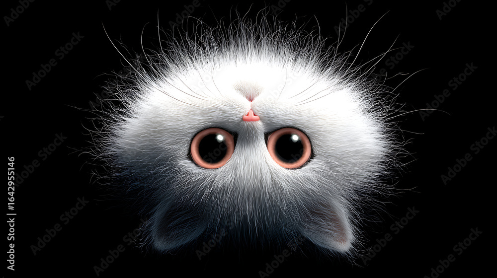 Fototapeta premium Adorable upside-down fluffy white kitten with big eyes on a black background