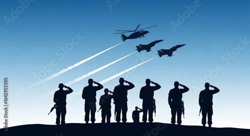 A powerful military tribute with soldier silhouettes saluting a flyover of jets and helicopters a perfect graphic symbolizing honor respect and armed forces strength