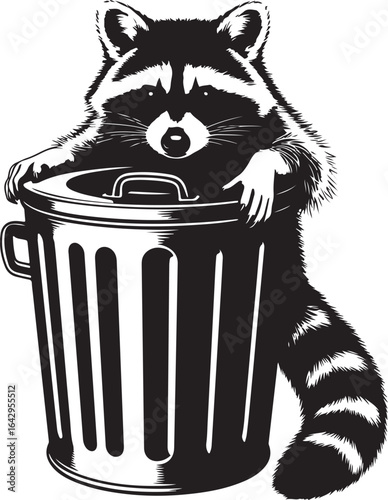Black and White Raccoon Illustration Leaning on a Trash Can with Curious Expression and Stripped Tail Detailed Design for Prints and Digital Media