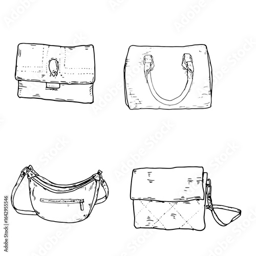 Women's fashion handbags, a set of silhouettes in black and white ink sketch. Vector illustration. Various types of stylish bags, satchel, hobo, baguette, backpack, isolated on a white background. 