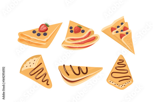 Crepes collection. Crunchy crepes. Cafe menu. Set of crepe with different toping. Chocolate crepe. Fruity crepes.