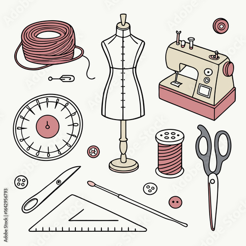 Charming Sewing Essentials Arranged Beautifully Dress Form Sewing Machine and Thread with Notions and Tools for Creativity