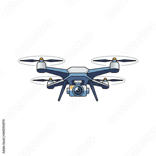 Cartoon illustration of a drone with a camera, hovering in the air.