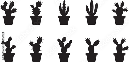 Collection of Cactus Plant Silhouettes in Pots Illustration for Graphic Designs and Desert Flora Related Projects and Botanical Decor with a Minimalist Aesthetic
