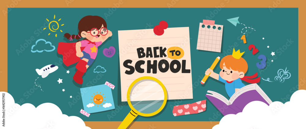 Obraz premium Hand drawn vector back to school background with cute girl and boy, school supplies and back to school text on green chalkboard. Kids hand drawn flat design for wallpaper, website and cover template.