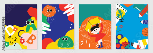 Back to school vector poster. Study Background design with children, monster, education school supplies, doodle element. Kids hand drawn flat design for poster, wallpaper, website and cover template.