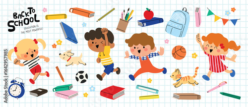 Hand drawn vector back to school background with cute girl and boy, school supplies and back to school text on white background. Kids hand drawn flat design for wallpaper, website and cover template.