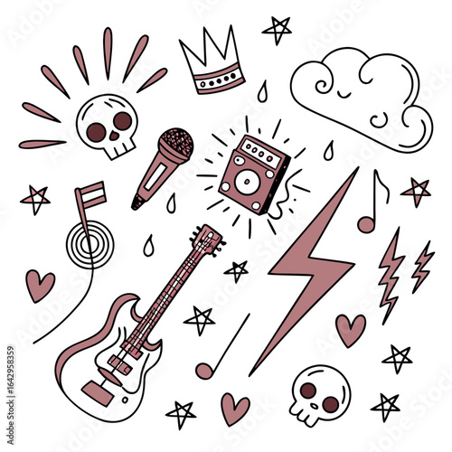 Rock and Roll Doodles with Skulls, Stars, and Musical Instruments in Playful Arrangement, Hand-Drawn Style