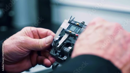 Precision measurement of a mechanical component using calipers in a workshop setting