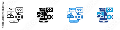 Social Media Post Multi Style Icon Design Vector - Smartphone screen with image, video, and quote elements, representing digital content creation or mobile content