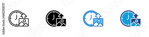 Scheduled Upload Multi Style Icon Design Vector - Clock and image represent scheduled media upload or content publishing time