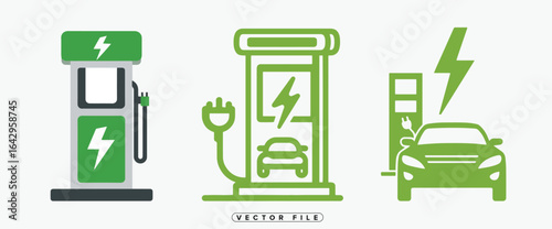 Electric Vehicle Charging Station Icons Set for Sustainable Transportation Solutions