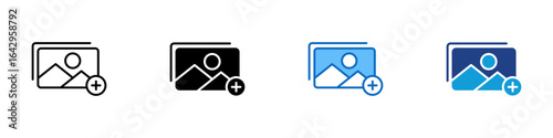 Add Image Multi Style Icon Design Vector - Image frame with plus symbol, representing the action of adding a photo or uploading visual content