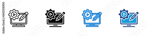 Content Management Multi Style Icon Design Vector - Computer screen with gear and pencil, showing customization and management of online media