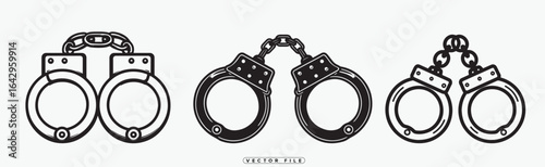 Black and white vector illustrations of handcuffs in various styles and designs