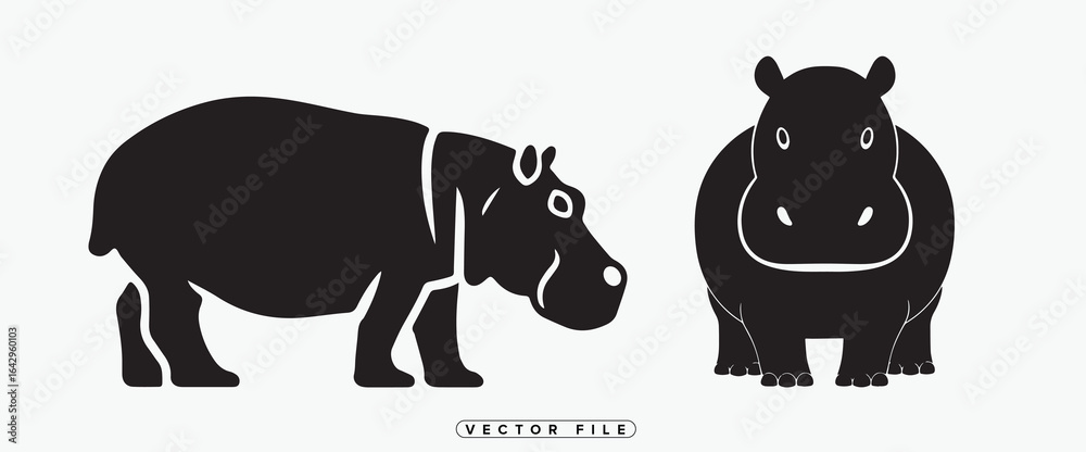 Fototapeta premium Black silhouette illustrations of hippos in various poses on white background