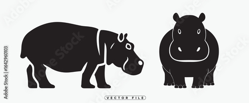 Black silhouette illustrations of hippos in various poses on white background