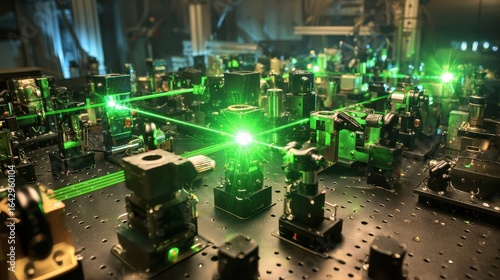 Laser beams intersect on optical table with complex scientific background lab use