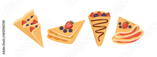 Fruity crepe. Blueberry crepe. Strawberry crepe. Set of crepes illustration. Crepes illustration.