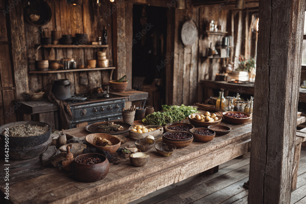 Rustic kitchen with raw food prep scene Rustic kitchen with raw food prep scene