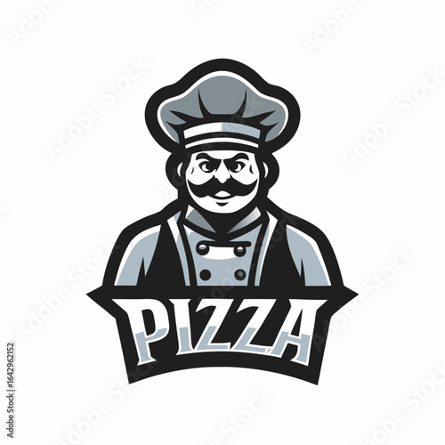 A pizza maker chef logo. Cook mascot logo. Flat style. Vector illustration.