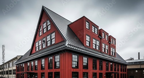 Vector illustration of photo of modern red building with a distinctive angular roof and numerous windows, set against a dramatic cloudy sky, showcasing contemporary urban architecture