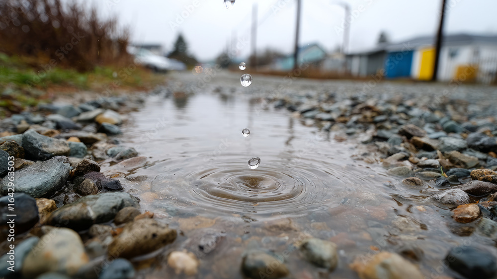 Fototapeta premium Raindrops falling into a puddle on a gravel street.