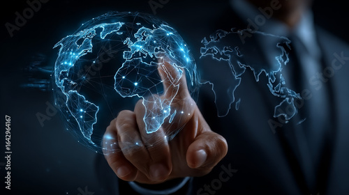 A businessman holds a global structure of investment network technology, enabling the flow of investment across markets, driving economic growth and development by leveraging advanced technologies.