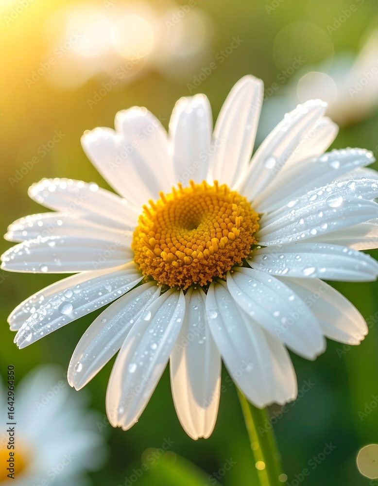 Fototapeta premium Dew-kissed daisy in sunlight, soft focus background