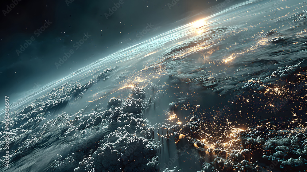 Fototapeta premium A futuristic satellite collecting climate data from Earth with glowing interface overlays.