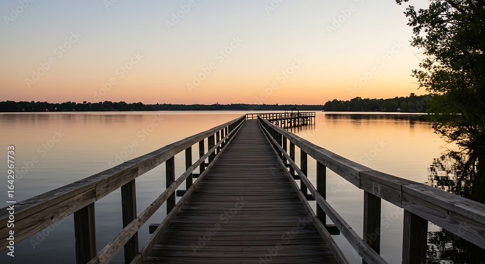 Obraz premium Serene Sunset over Wooden Pier and Calm Lake Waters A Tranquil Nature Scene
