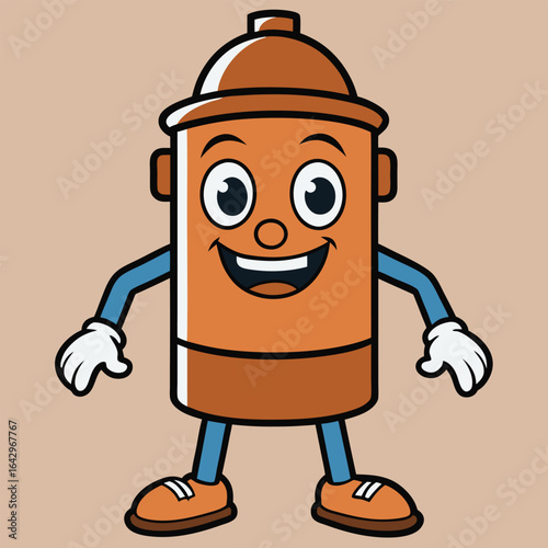 Cartoon illustration of a smiling fire hydrant character with arms, legs, and shoes on a beige background.