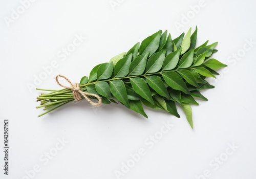 Fresh curry leaves tied with string, isolated on white background