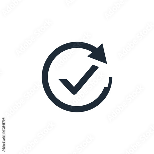 The movement arrow is marked with a check mark. The result  outcome, achieved .Vector linear icon isolated on white background.