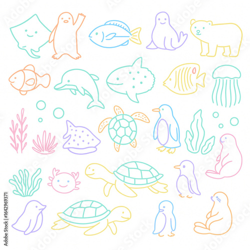 パステル　線　水族館のいきもの