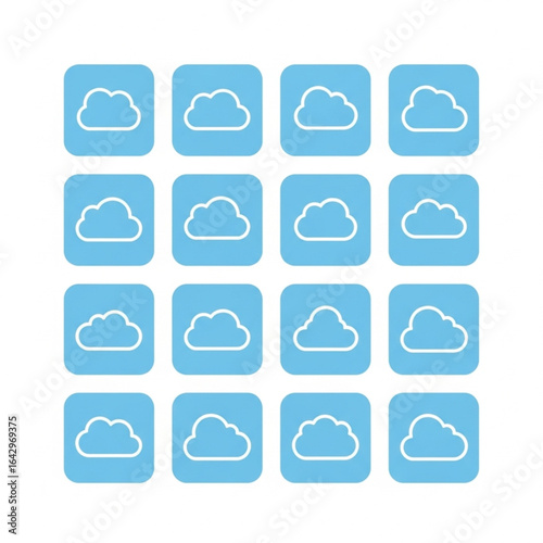 A grid of sixteen stylized cloud icons, each within a blue square, representing various weather symbols.