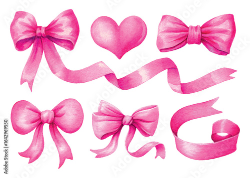 Set of pink bows in the style of a coquette. Pink satin bows with a heart and a ribbon. Elements for romantic decor, serifs, etc. Coquette elements. Vector illustration.