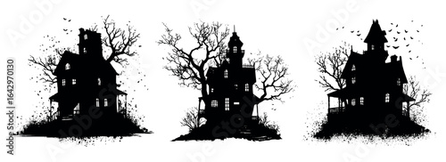 Set of black silhouettes of spooky houses. Spooky houses with trees for Halloween. Haunted house. Silhouettes for Halloween designs. Vector illustration.