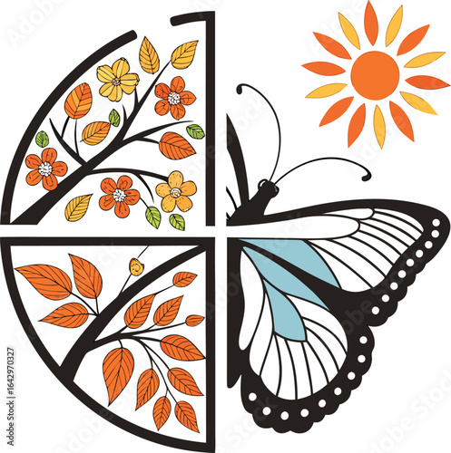 A butterfly and foliage intersect in this nature-inspired illustration. The design is divided into four sections with the upper left showing floral branches and the lower right showi