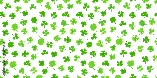 Shamrock or clover leaf horizontal green seamless pattern falling leaves on white background vector illustration. Irish holiday celtic St Patrick day motif seamless pattern with shamrock clover leaf.