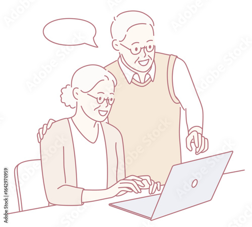 An elderly couple joyfully uses their laptop to share knowledge and explore technology, enhancing their bond