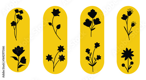 Four floral silhouette designs on yellow backgrounds for stickers or bookmarks