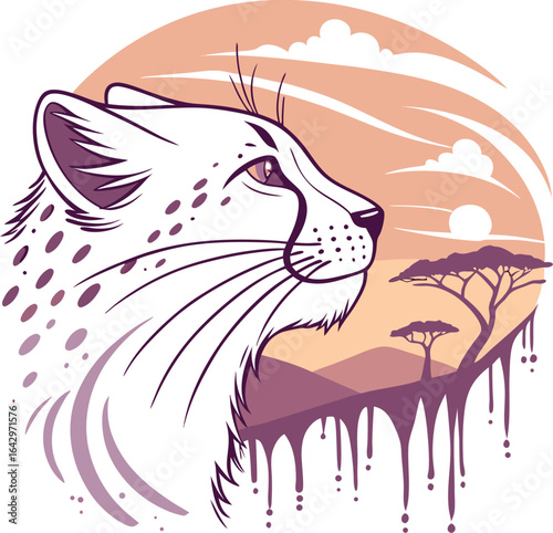 Vector art of a cheetah profile gazing at the savanna. The illustration uses purple and peach tones with a stylized, watercolor aesthetic.

