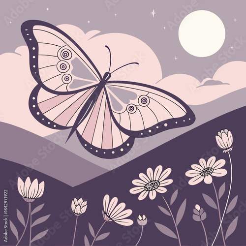 Vector illustration, a butterfly flutters over a field of daisies at night, under a full moon. This dreamy artwork evokes peace and gentle nights.

