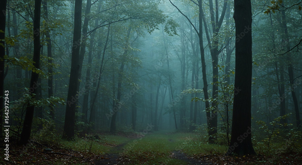 Fototapeta premium 深緑の森道 静寂な霧深く包む神秘的風景. AI Generated