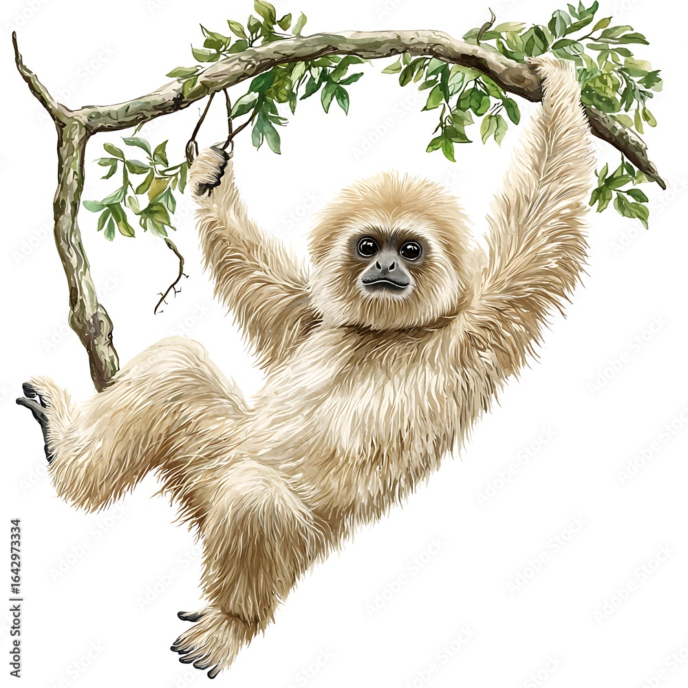Fototapeta premium Adorable gibbon monkey gracefully swinging from a leafy tree branch.